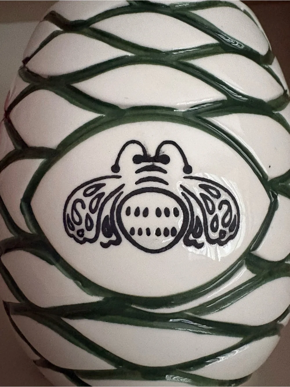 Patron Tequila White Ceramic green beehive Cup with Green Lattice and Bee Emblem
